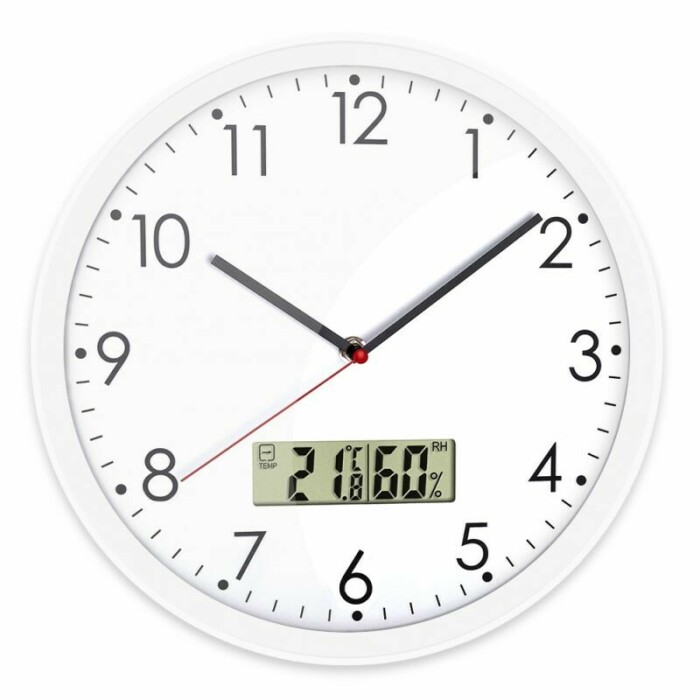 Horloge murale blanche silencieuse avec thermom&egrave;tre et hygrom&egrave;tre