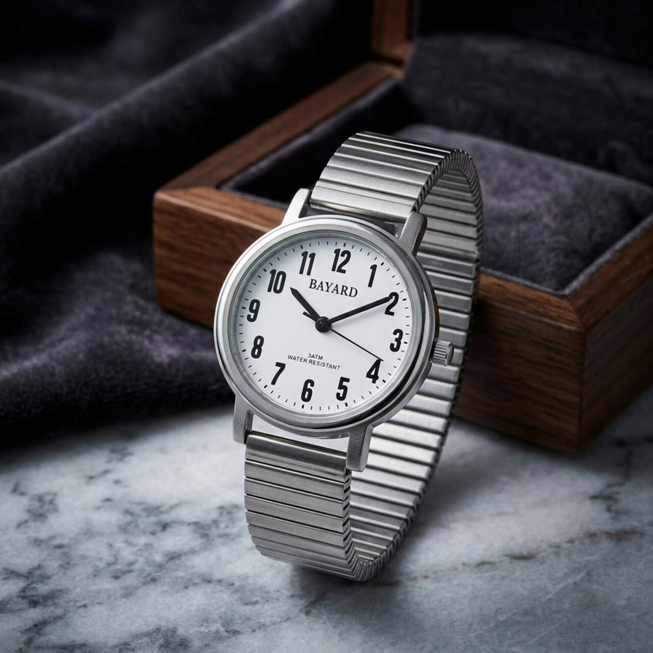 Montre &agrave; quartz en acier cadran blanc Bayard_details