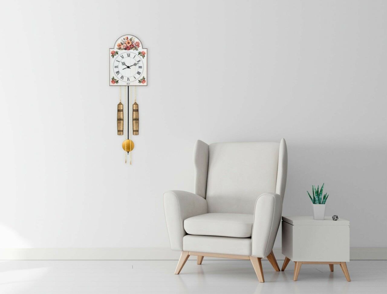 Horloge en bois m&eacute;canique moderne Hermle blanche en situation