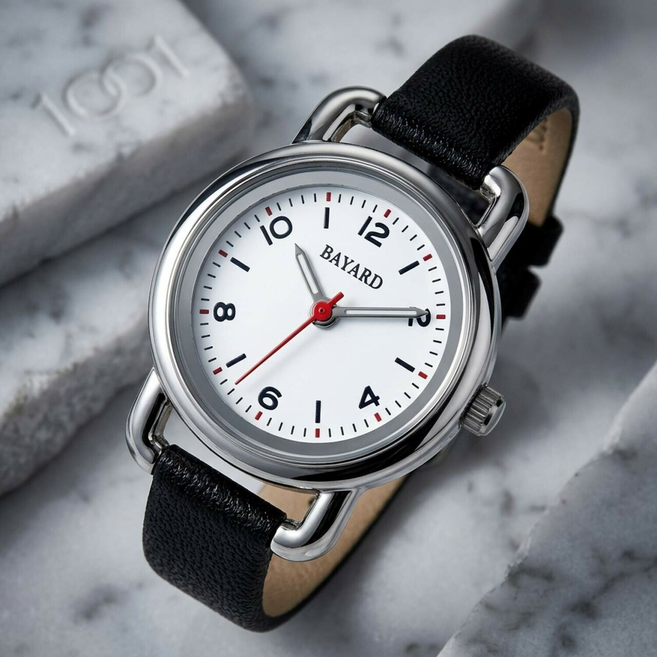 Montre dame argent&eacute;e bracelet noir tr&egrave;s fine Bayard_details