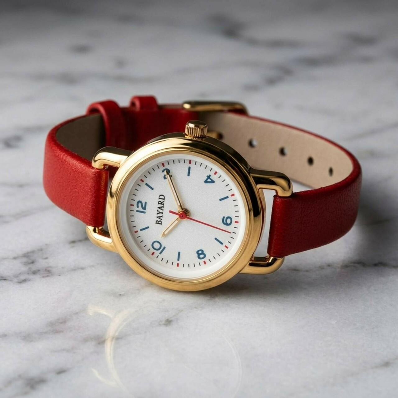 Montre pour femme boitier rond dor&eacute; bracelet rouge_details