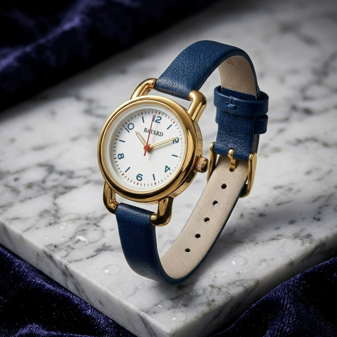 Montre pour femme boitier rond dor&eacute; bracelet bleu_details