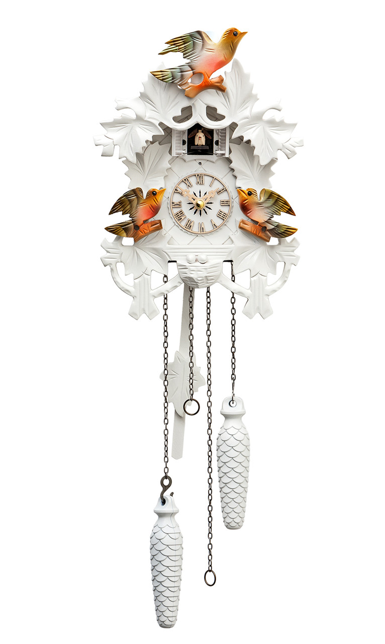 Horloge coucou &agrave; piles traditionnel blanc style feuilles 26 cm