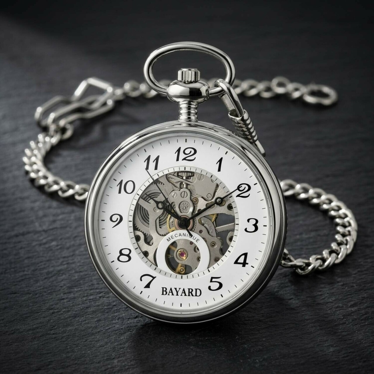 Montre m&eacute;canique de poche argent&eacute;e mouvement apparent Bayard_details