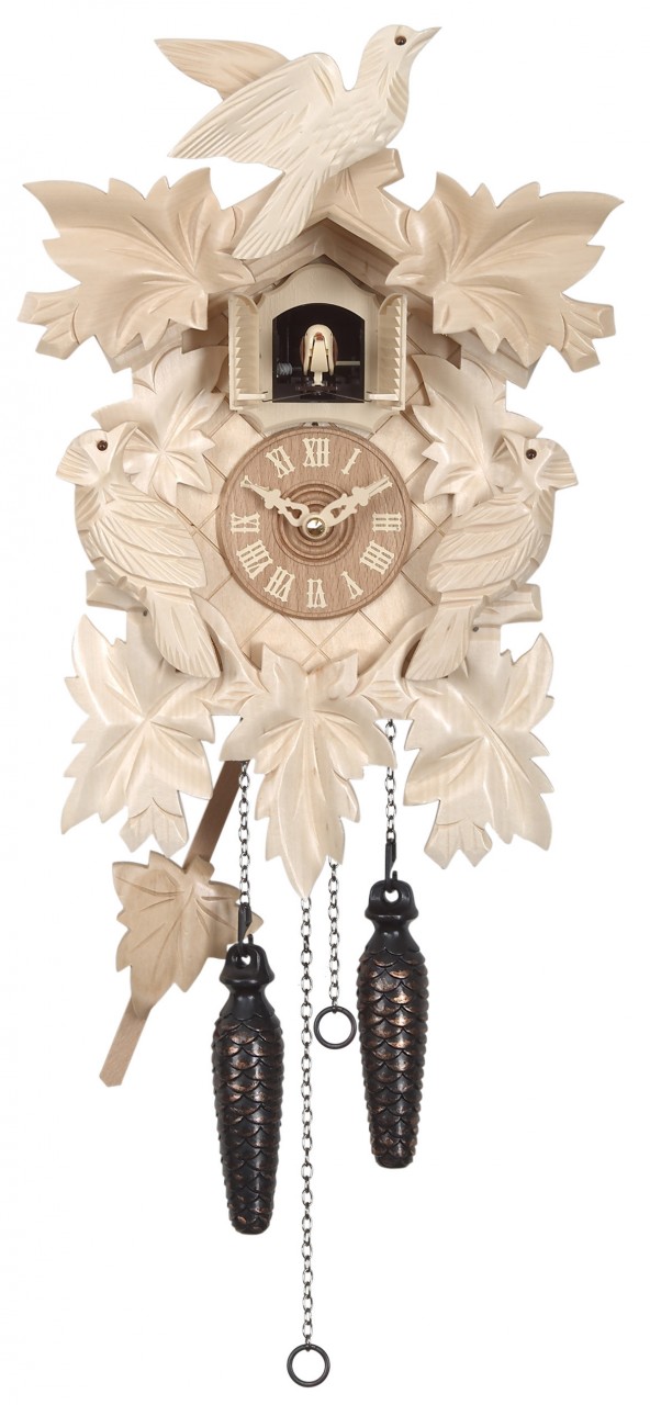 Horloge coucou en bois couleur naturelle feuilles et oiseau