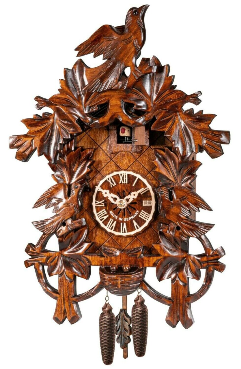 Horloge coucou &agrave; piles en bois 3 oiseaux gros plan