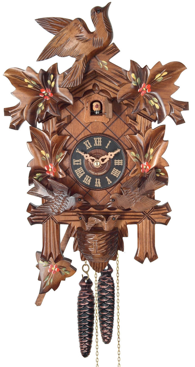 Horloge coucou m&eacute;canique 4 feuilles peintes oiseaux anim&eacute;s 33 cm