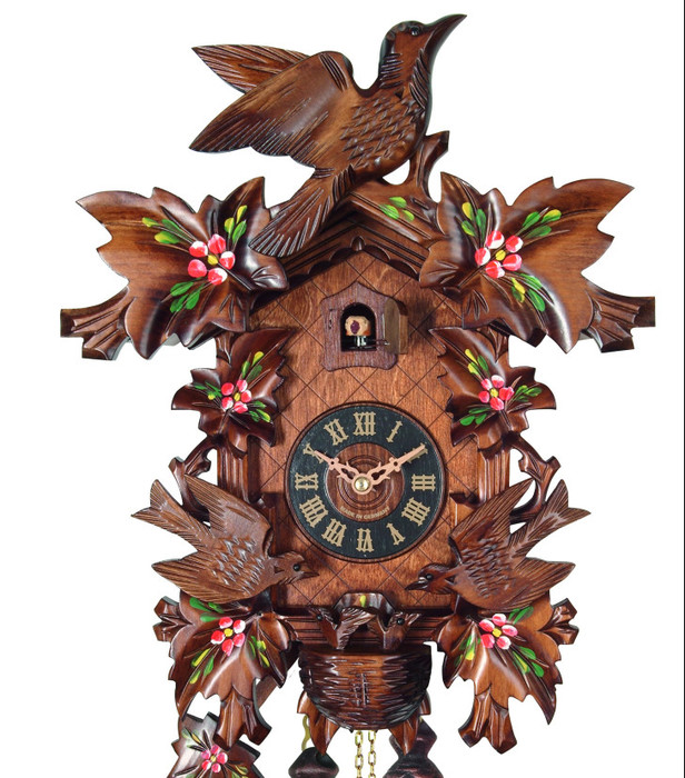 Horloge coucou mécanique 6 feuilles peintes oiseaux animés 33 cm_zoom