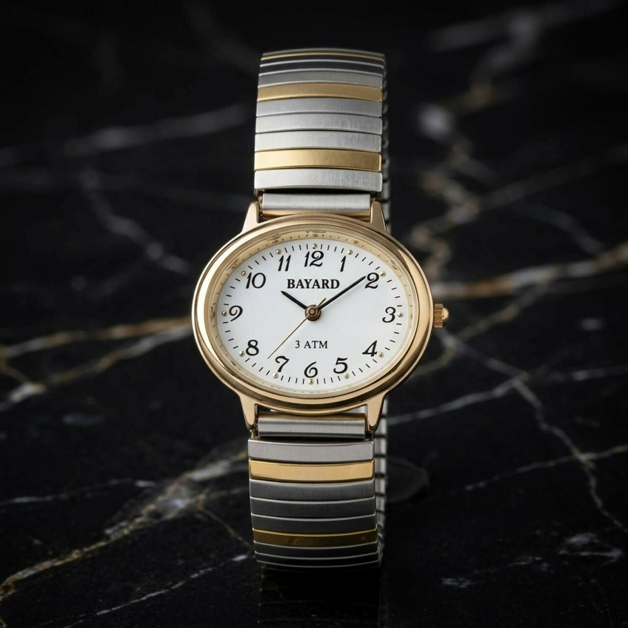 Montre &agrave; quartz dor&eacute;e argent&eacute;e en m&eacute;tal bracelet extensible Bayard_details