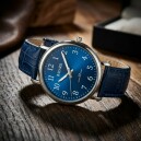 Montre &agrave; quartz bleue pour homme boitier argent&eacute; bracelet en peau_details