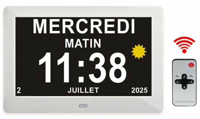 Pendule digitale à calendrier affichage en toutes lettres à fixer au mur ou à poser