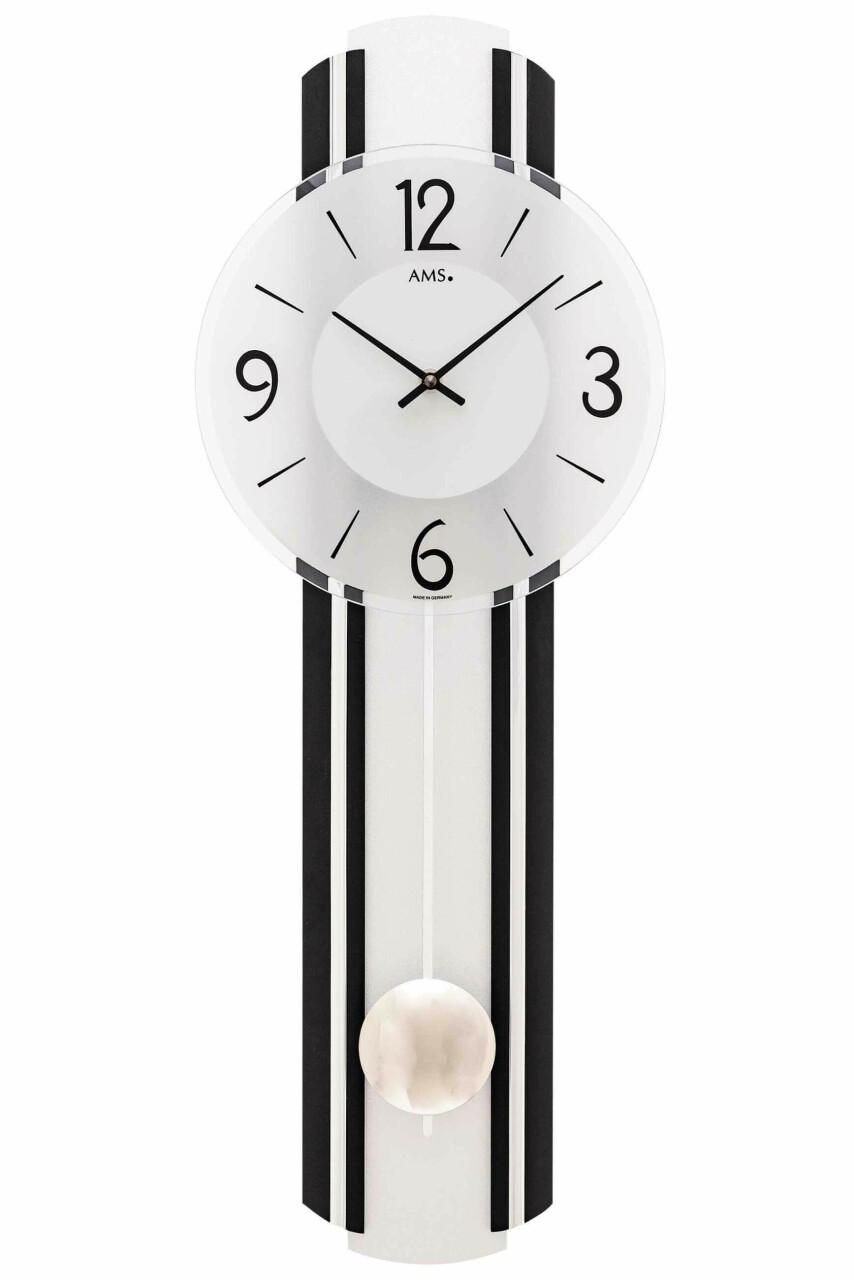 Horloge murale &agrave; balancier moderne en bois noir et argent&eacute;