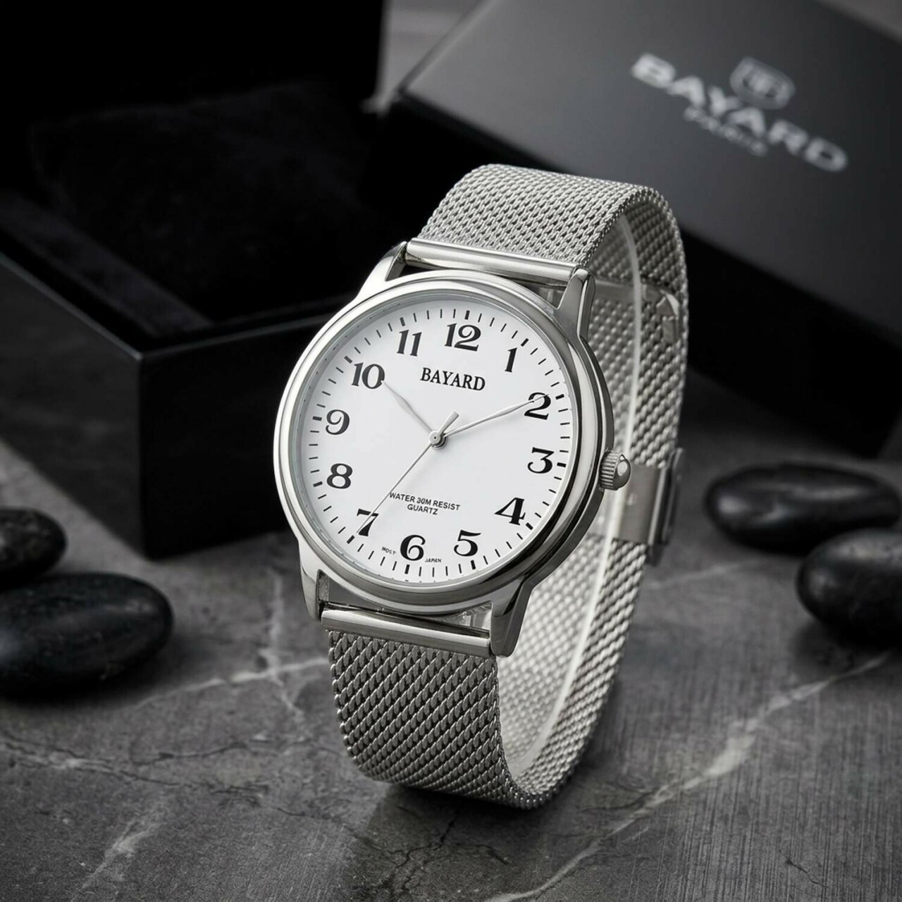 Montre ronde argent&eacute;e pour homme cadran blanc Bayard_details