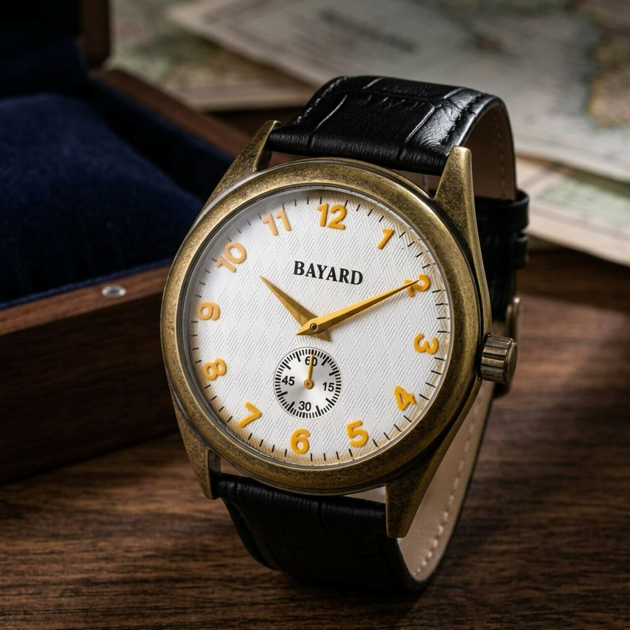 Montre ronde en acier vieilli pour homme bracelet noir Bayard_details