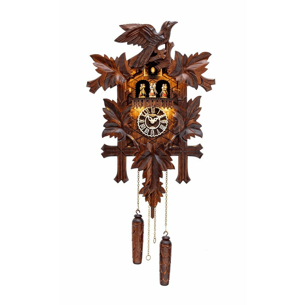 Horloge coucou traditionnelle lumineuse avec danseurs folkloriques et &eacute;clairage LED 48cm allum&eacute; complet