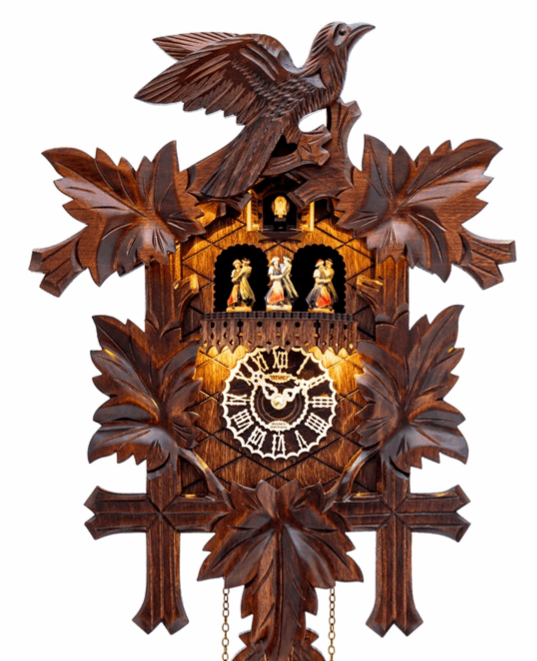 Horloge coucou traditionnelle lumineuse avec danseurs folkloriques et &eacute;clairage LED 48cm allum&eacute;