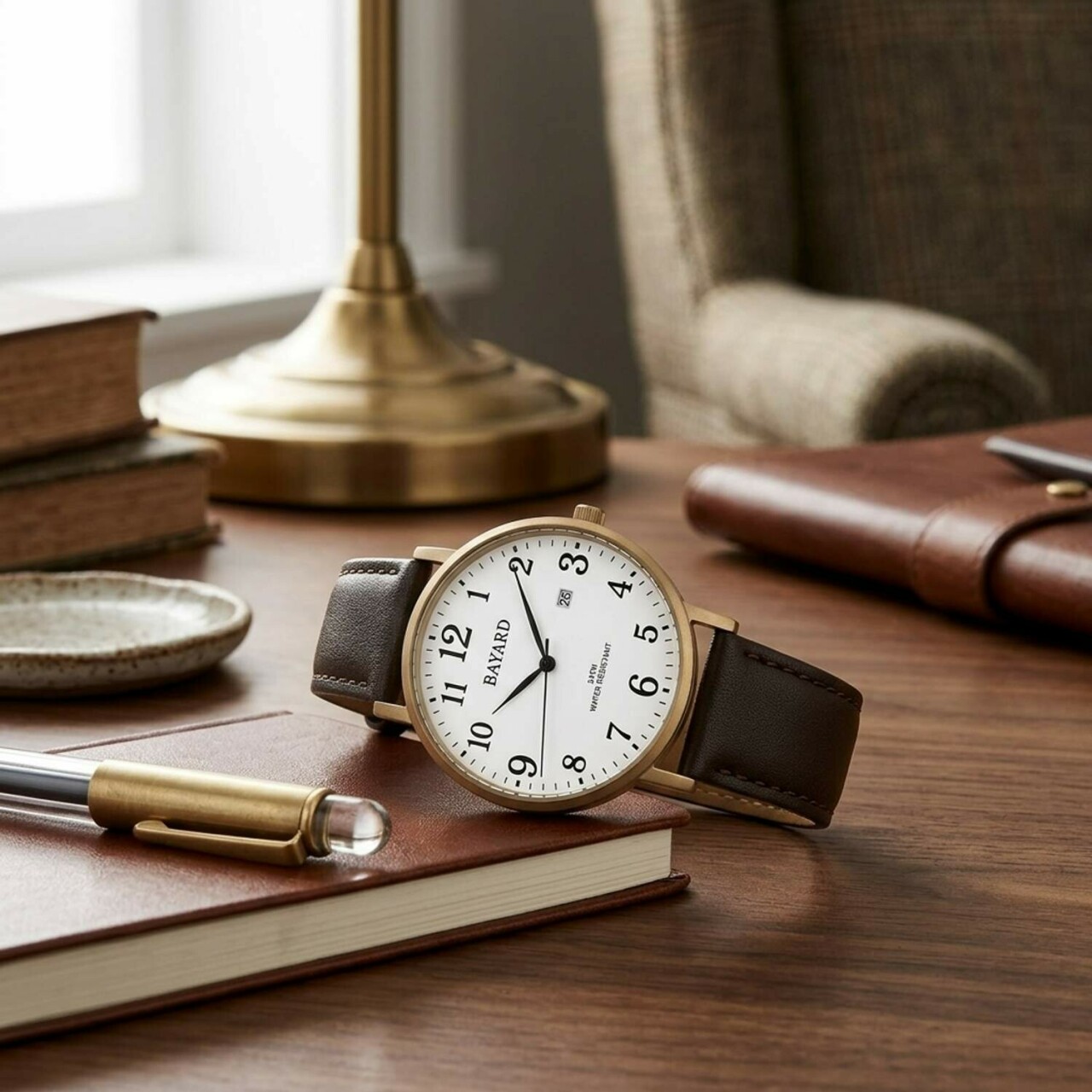 Montre ronde en titane dor&eacute; pour homme bracelet marron_lifestyle