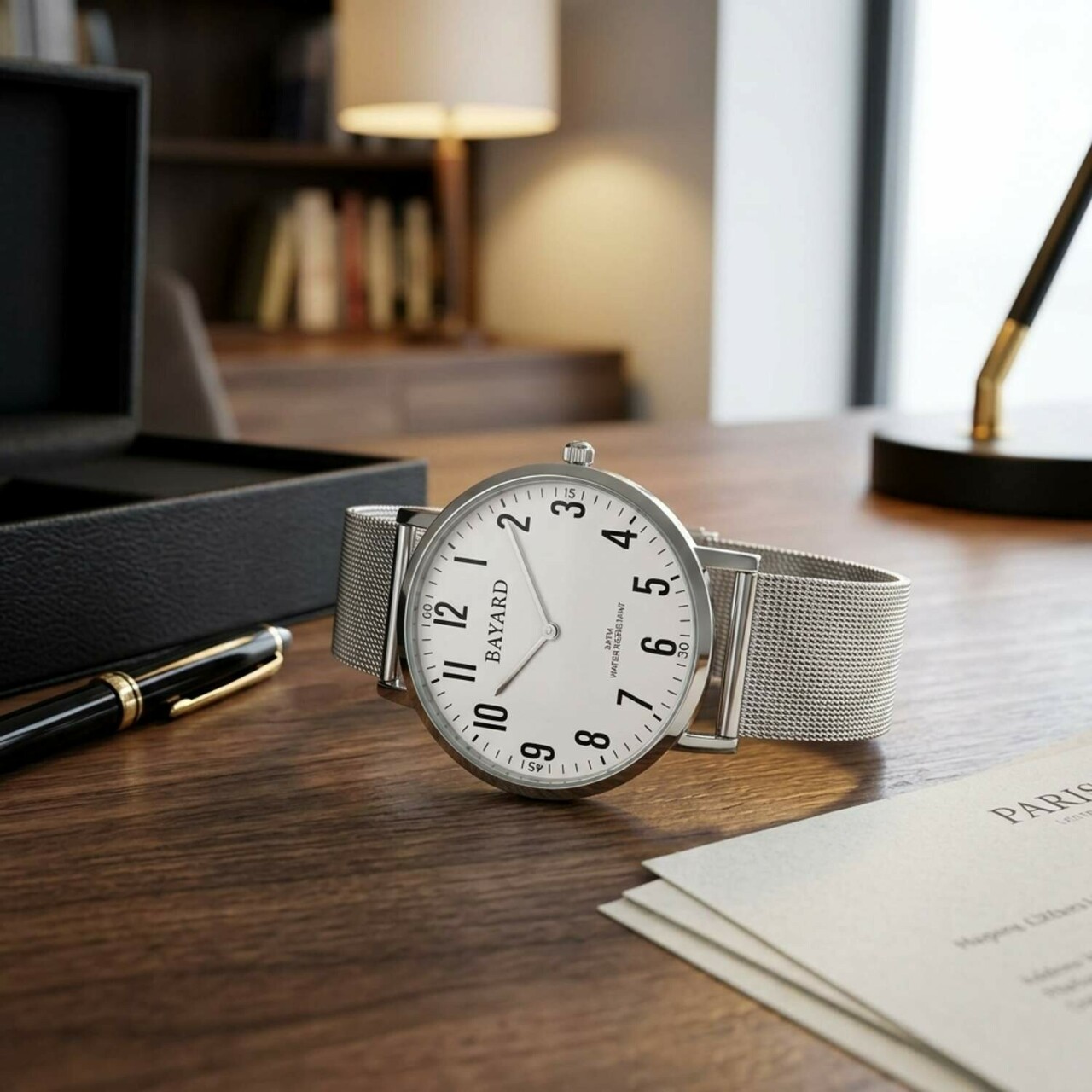 Montre plate en acier pour homme cadran blanc_lifestyle