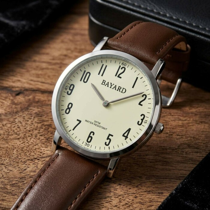 Montre lumineuse ronde pour homme bracelet cuir marron_details