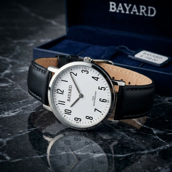 Montre Bayard pour homme cadran blanc bracelet noir_details