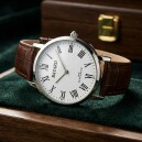 Montre &agrave; quartz plate en acier pour homme chiffres romains bracelet marron_details