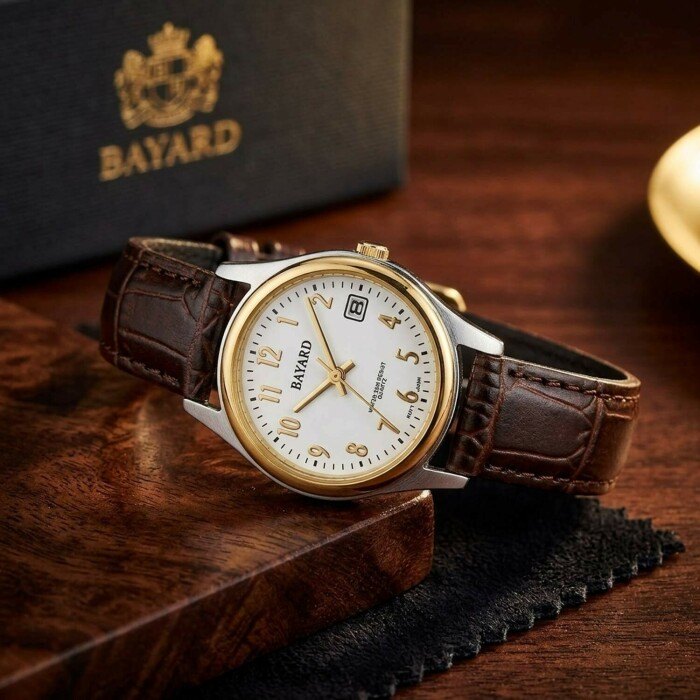 Montre &agrave; quartz Bayard ronde pour femme boitier dor&eacute; bracelet style cuir chiffres arabes dor&eacute;s_lifestyle
