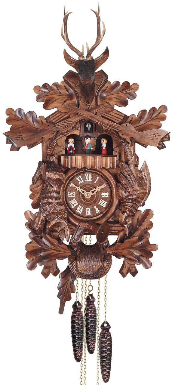 Horloge coucou m&eacute;canique 8 jours t&ecirc;te de cerf danseurs troph&eacute;e de chasse 54 cm