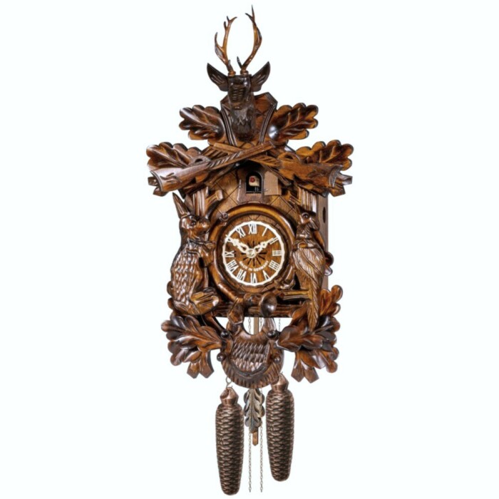 Horloge coucou m&eacute;canique 8 jours th&egrave;me chasse cerf fusils gibier 40 cm