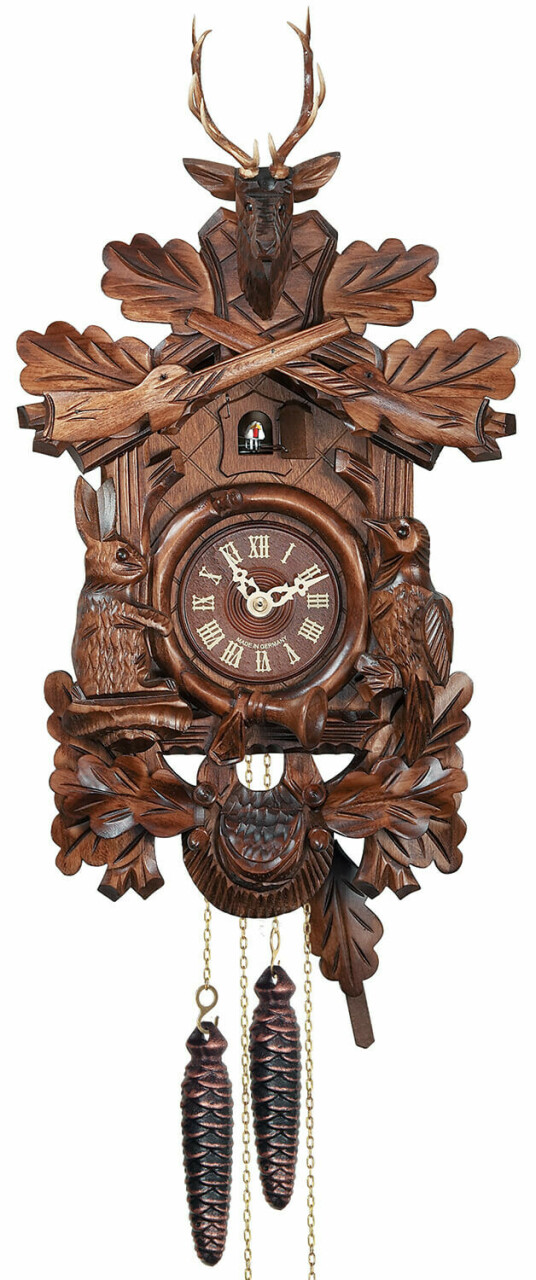 Horloge coucou m&eacute;canique 8 jours th&egrave;me chasse cerf fusils gibier 40 cm