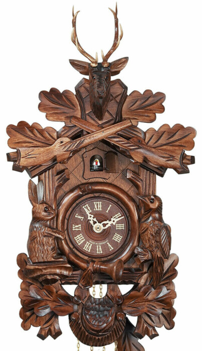 Horloge coucou mécanique 8 jours thème chasse cerf fusils gibier 40 cm_zoom