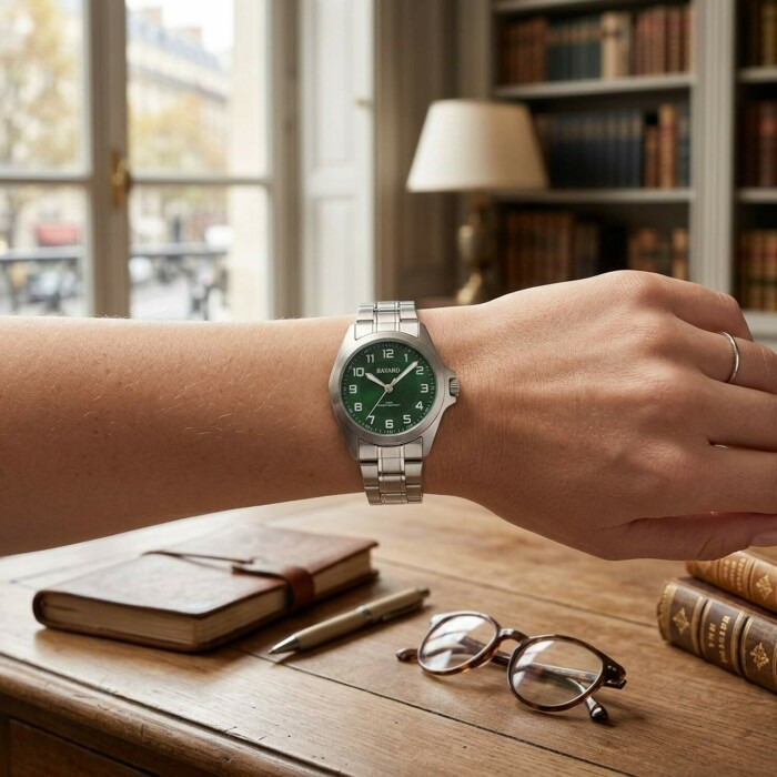 Montre &agrave; quartz en acier cadran vert pour homme_lifestyle