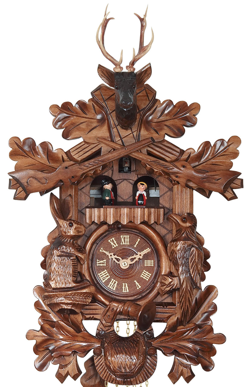 Horloge coucou m&eacute;canique 1 jour musical &eacute;cureuil perdrix 42 cm