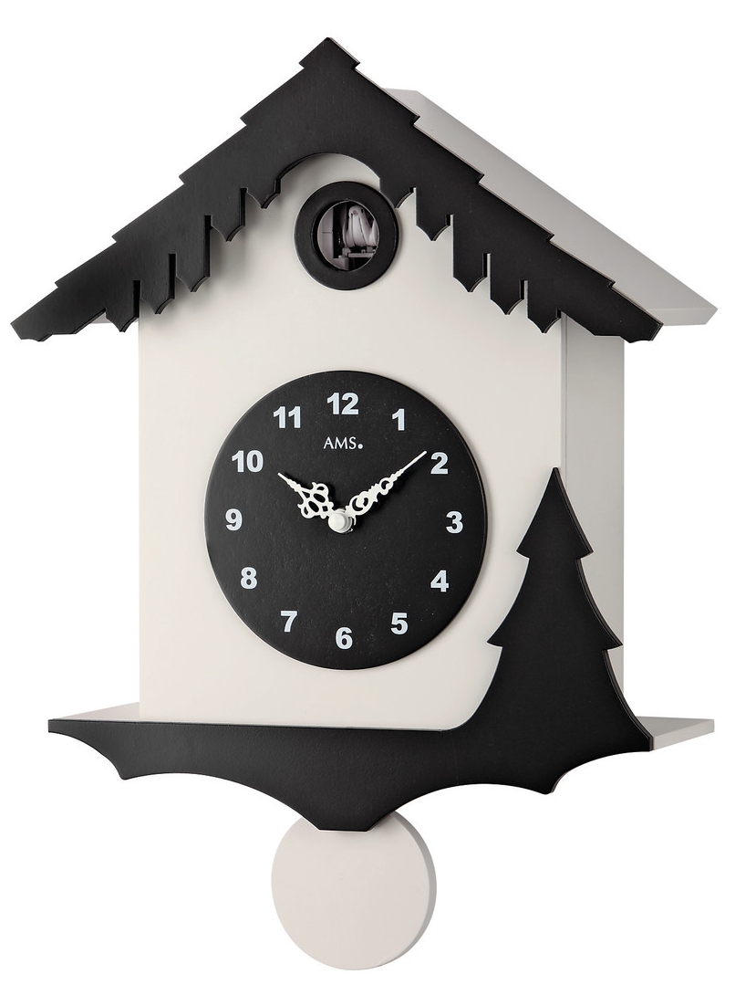 Horloge coucou moderne chalet suisse en bois laqu&eacute; noir et blanc