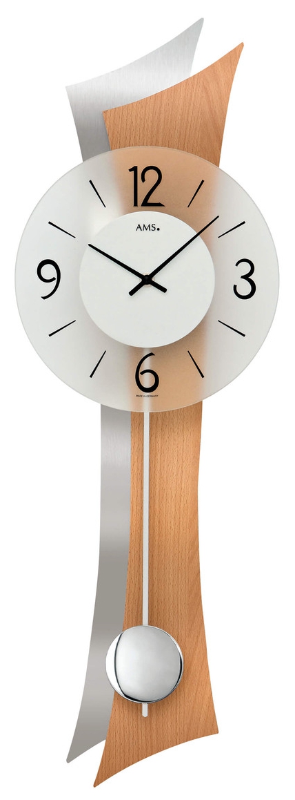Horloge murale &agrave; balancier moderne en bois de h&ecirc;tre et aluminium incurv&eacute;