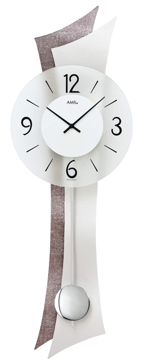 Horloge murale &agrave; balancier moderne en simili cuir et aluminium incurv&eacute;