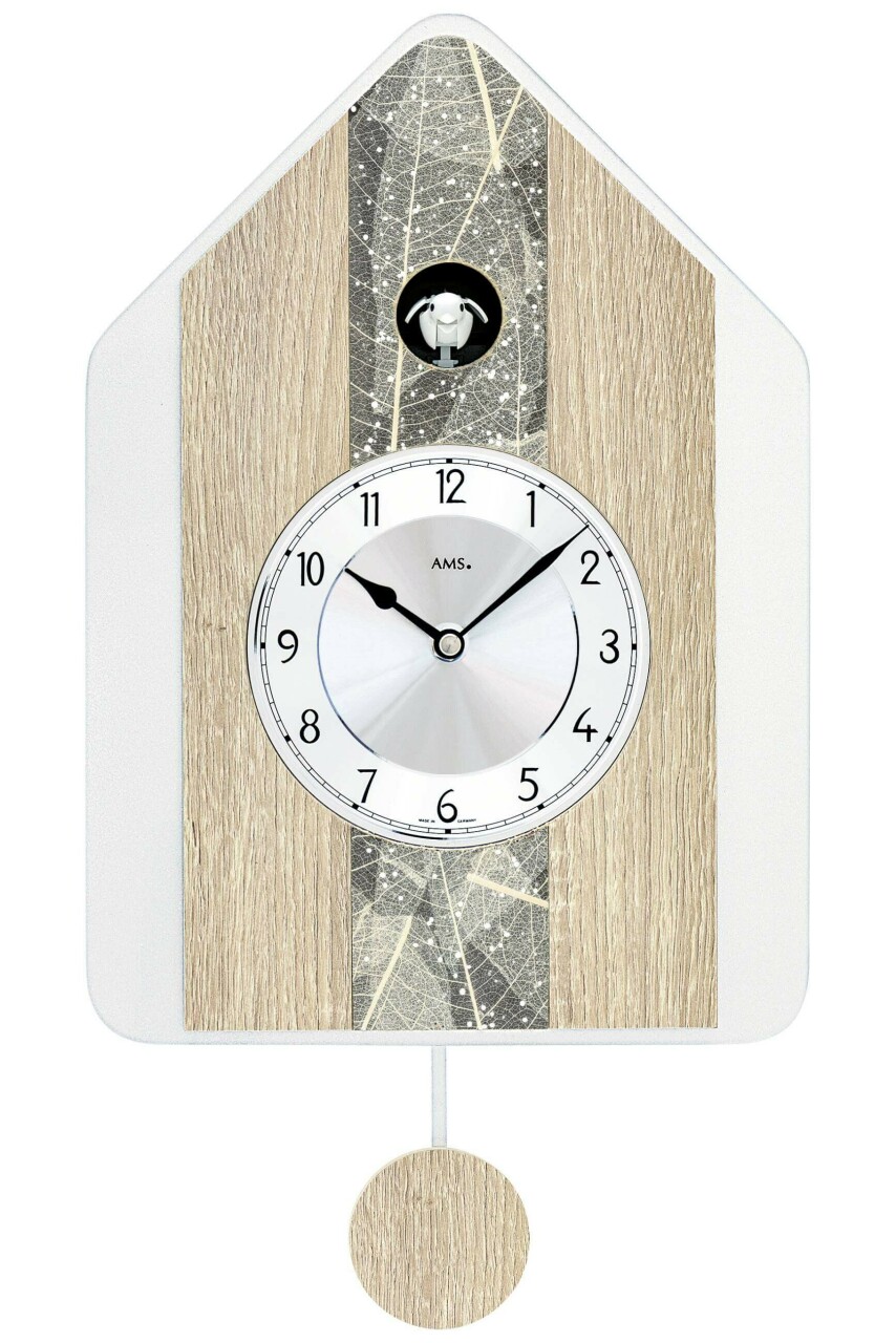 Horloge coucou moderne musical couleur bois naturel et incrustation feuilles