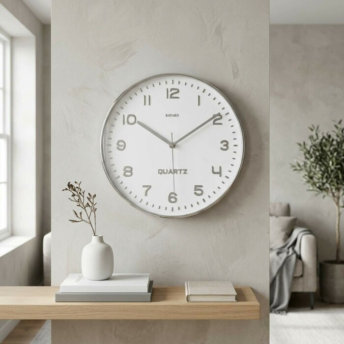 Pendule murale silencieuse blanche et argent&eacute;e_lifestyle