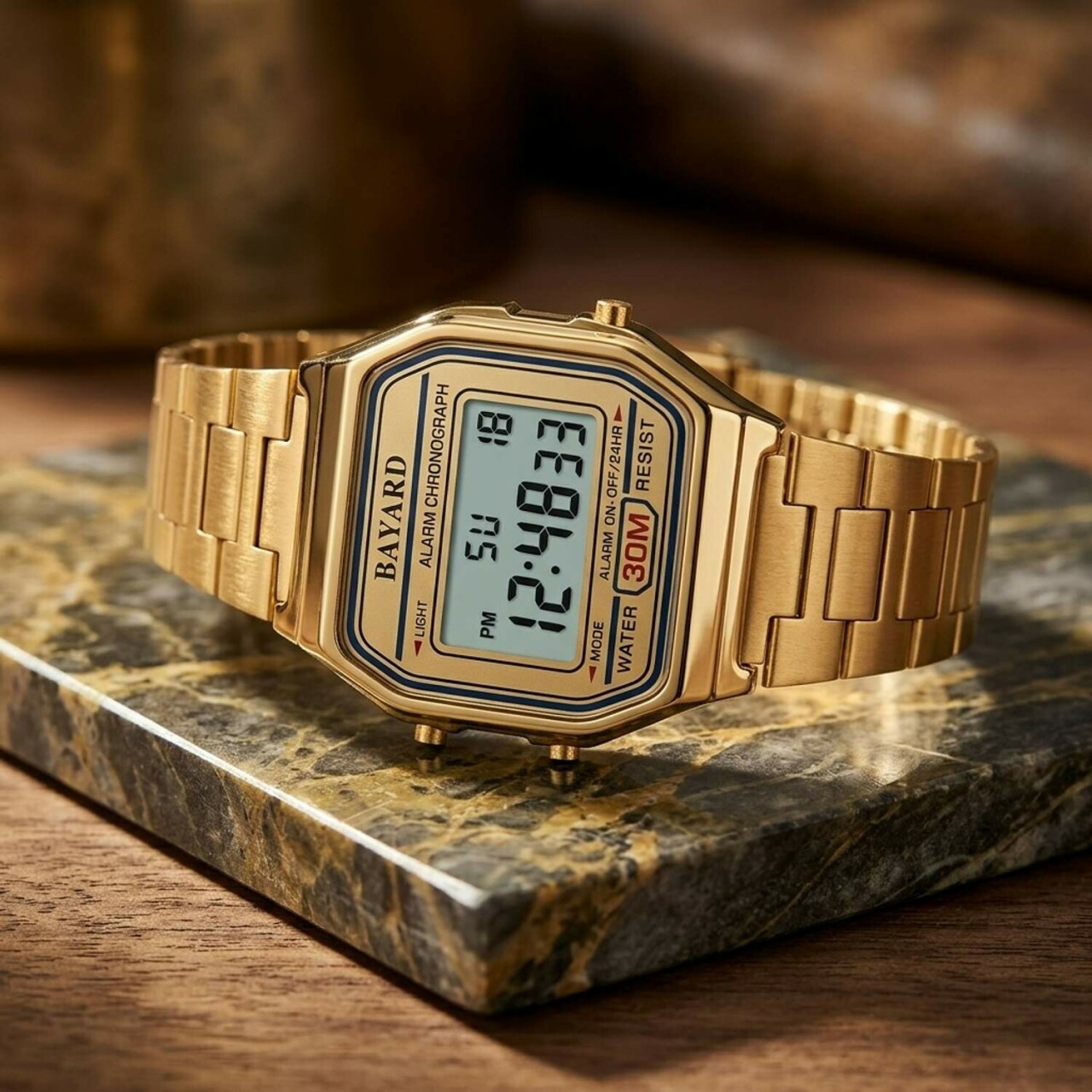 Montre digitale dor&eacute;e avec jour et date_details