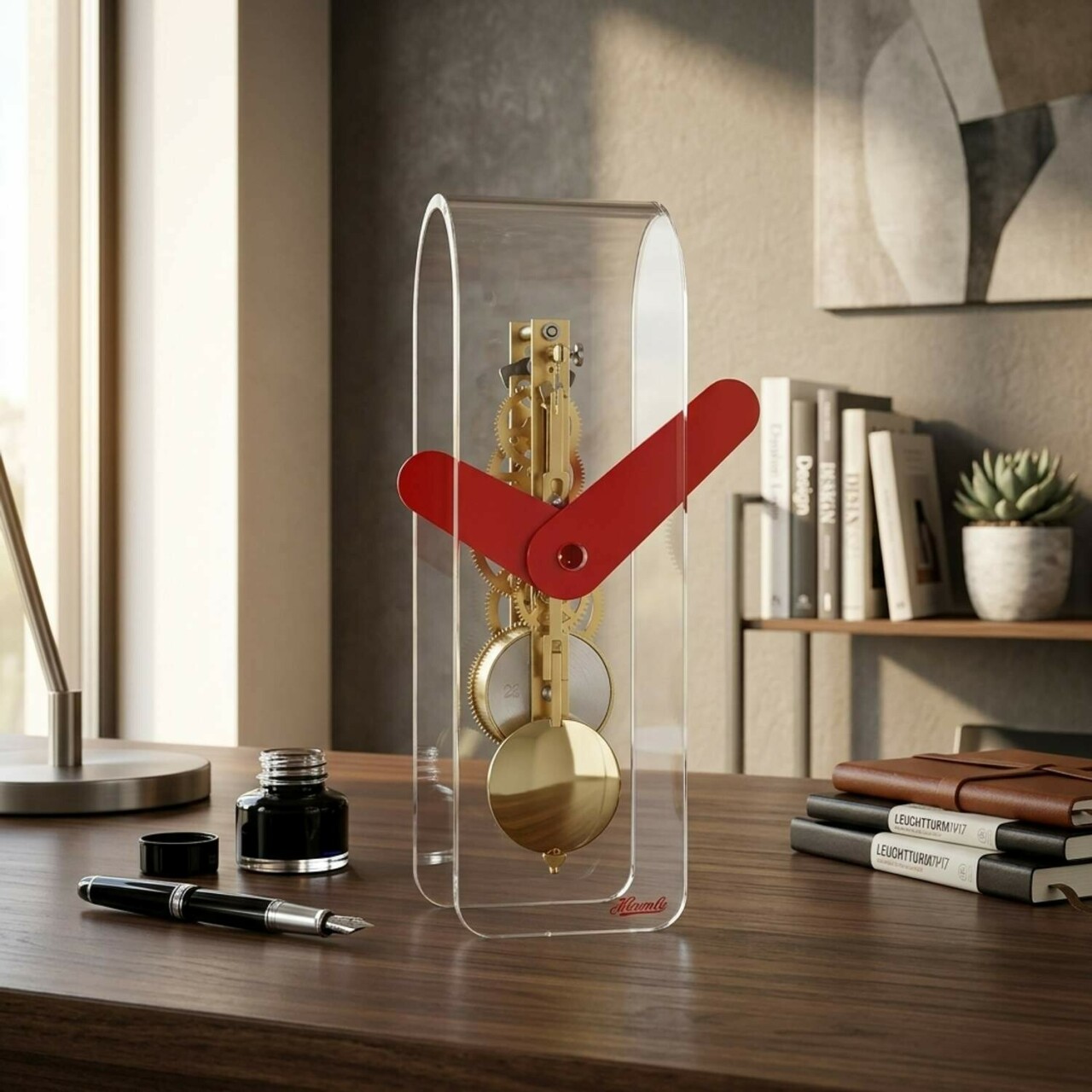 Pendule squelette Hermle dor&eacute;e acrylique transparent grosses aiguilles rouges_lifestyle