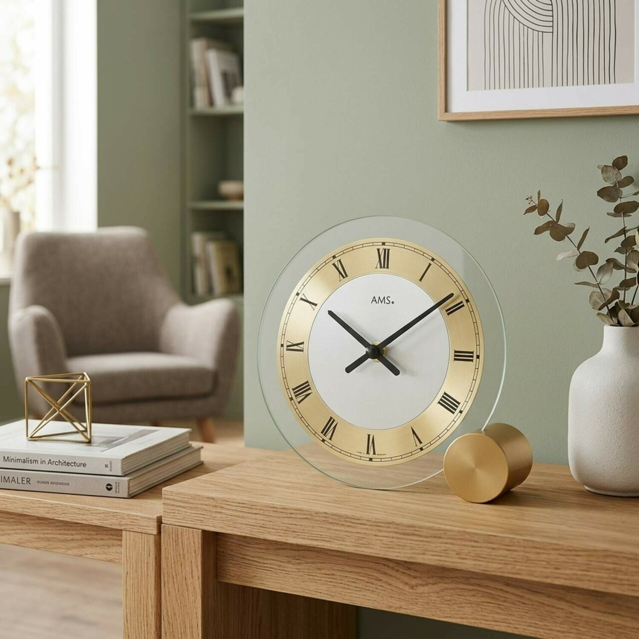 Pendule &agrave; poser moderne ronde dor&eacute;e_lifestyle