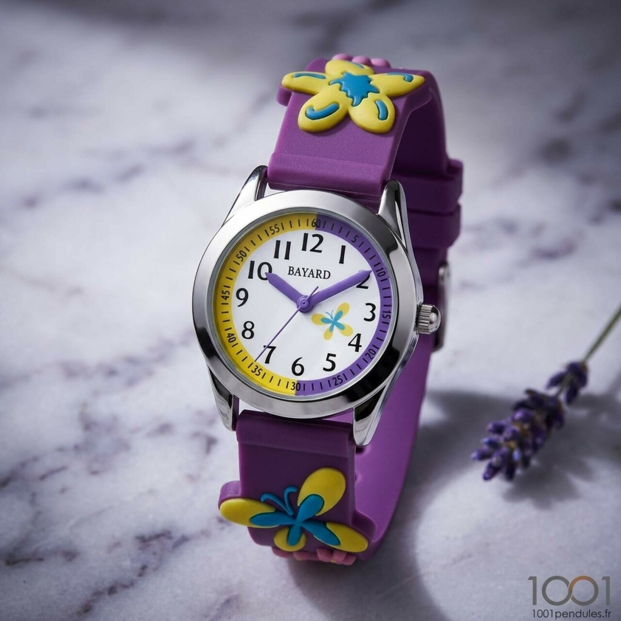 Montre enfant fille violette fleurs papillon Bayard_details