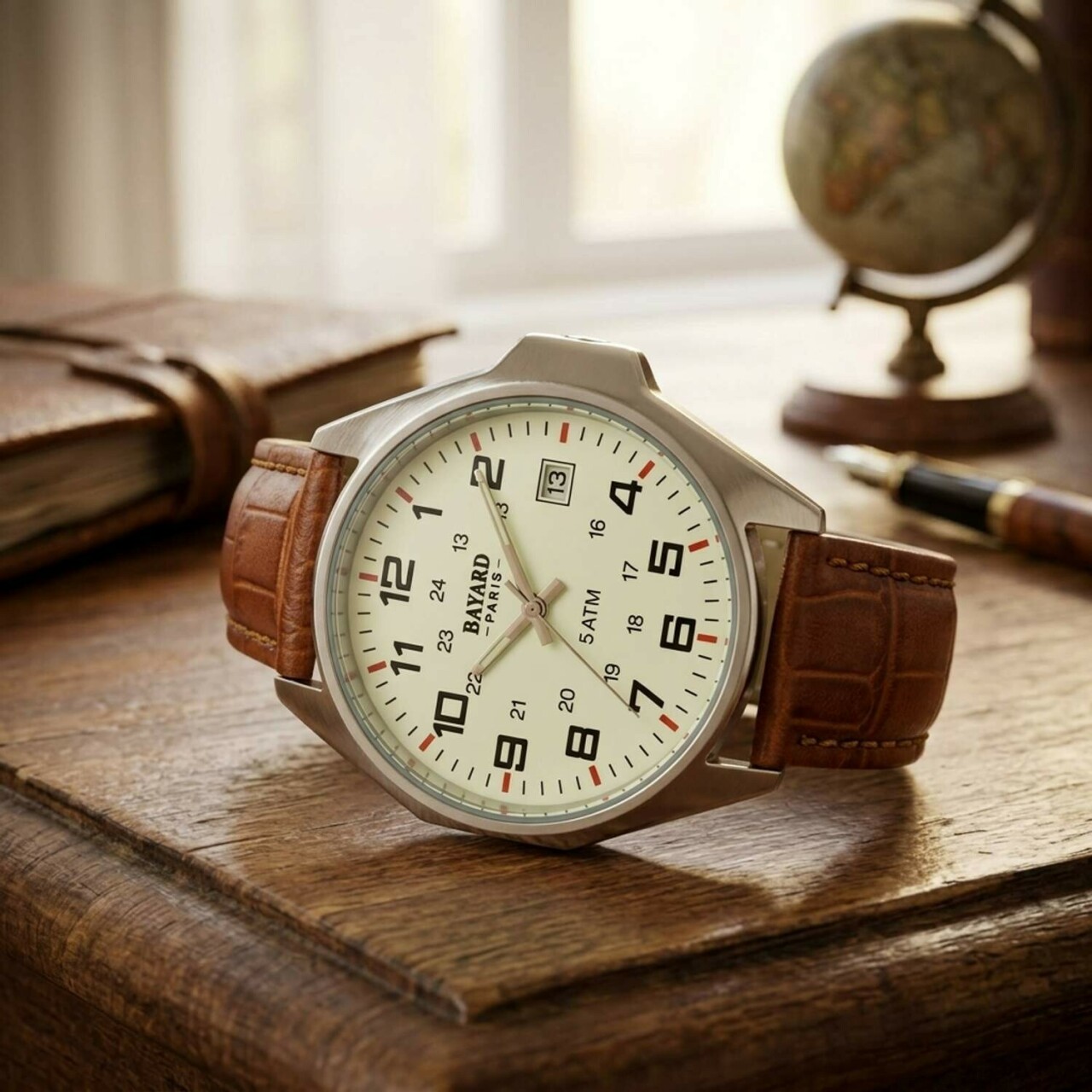 Montre Bayard ronde argent&eacute;e bracelet en cuir marron avec date_lifestyle