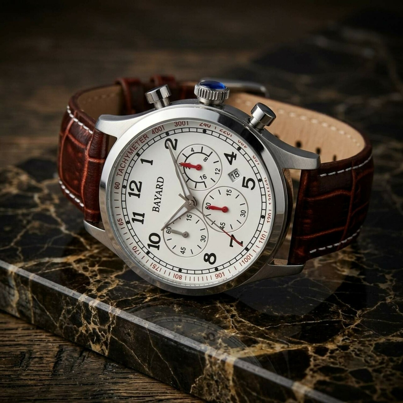 Montre chronom&egrave;tre Bayard ronde argent&eacute;e bracelet cuir marron avec date_details