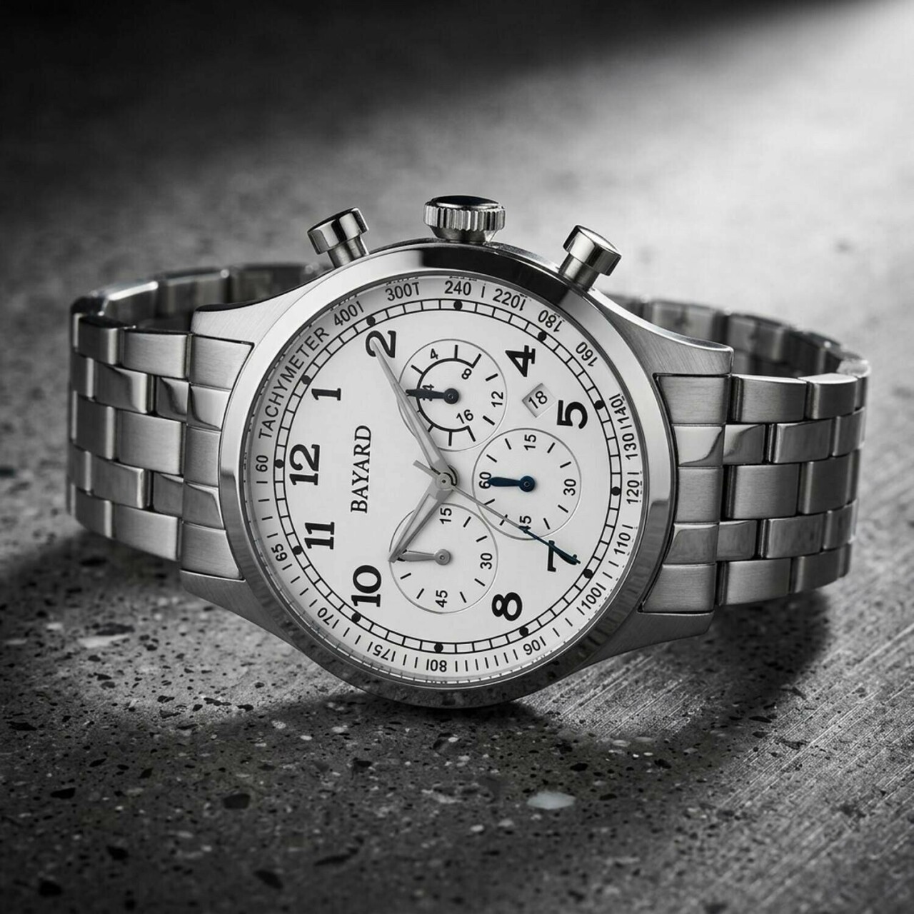 Montre chronographe Bayard ronde argent&eacute;e cadran blanc avec date_details