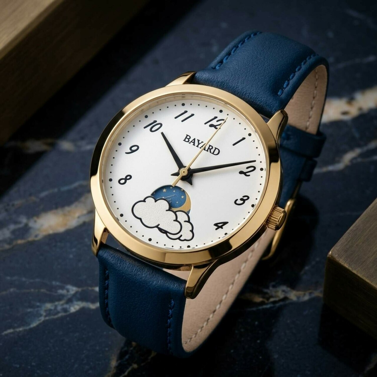 Montre femme Bayard ronde dor&eacute;e affichage de la Lune et du Soleil_bleu marine details