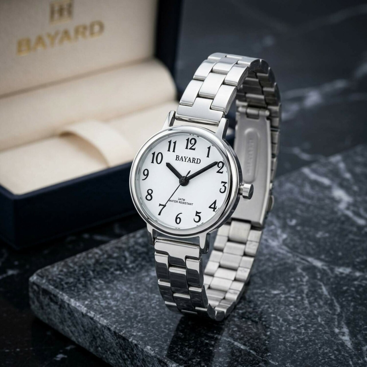 Montre &agrave; quartz en acier cadran blanc Bayard_details