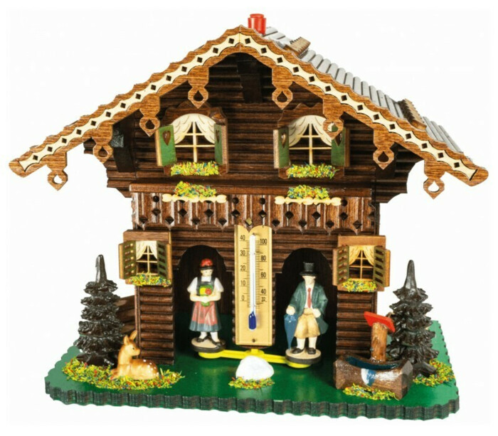 Chalet m&eacute;t&eacute;o toit en bois naturel for&ecirc;t thermom&egrave;tre hauteur 22 cm