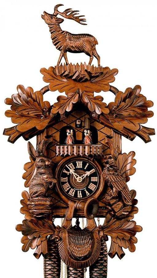 Horloge coucou m&eacute;canique 8 jours authentique sc&egrave;ne de chasse avec danseurs