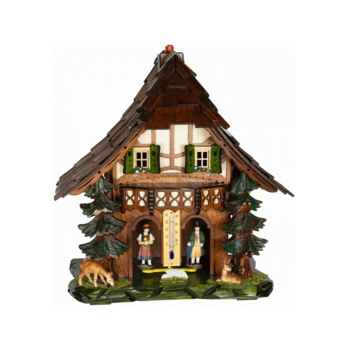 Chalet m&eacute;t&eacute;o en bois naturel for&ecirc;t thermom&egrave;tre hauteur 28 cm