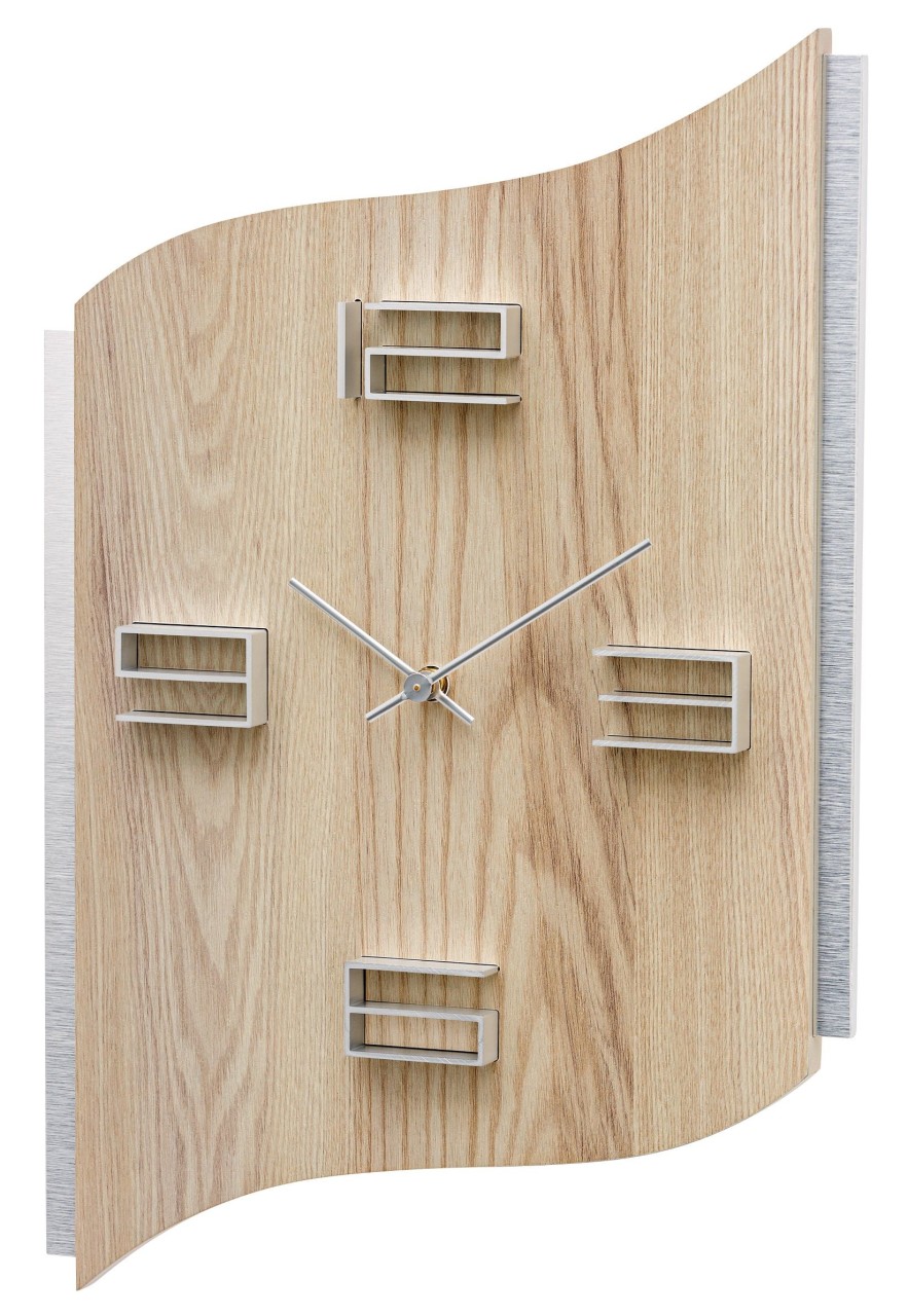 Pendule murale moderne en bois vein&eacute; clair et aluminium